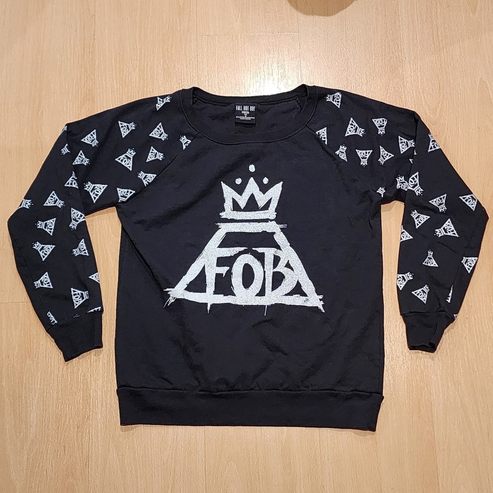 Fall Out Boy Crew Neck. Black FOB Up And Down Arm Sleeves, Size Medium Band Rock